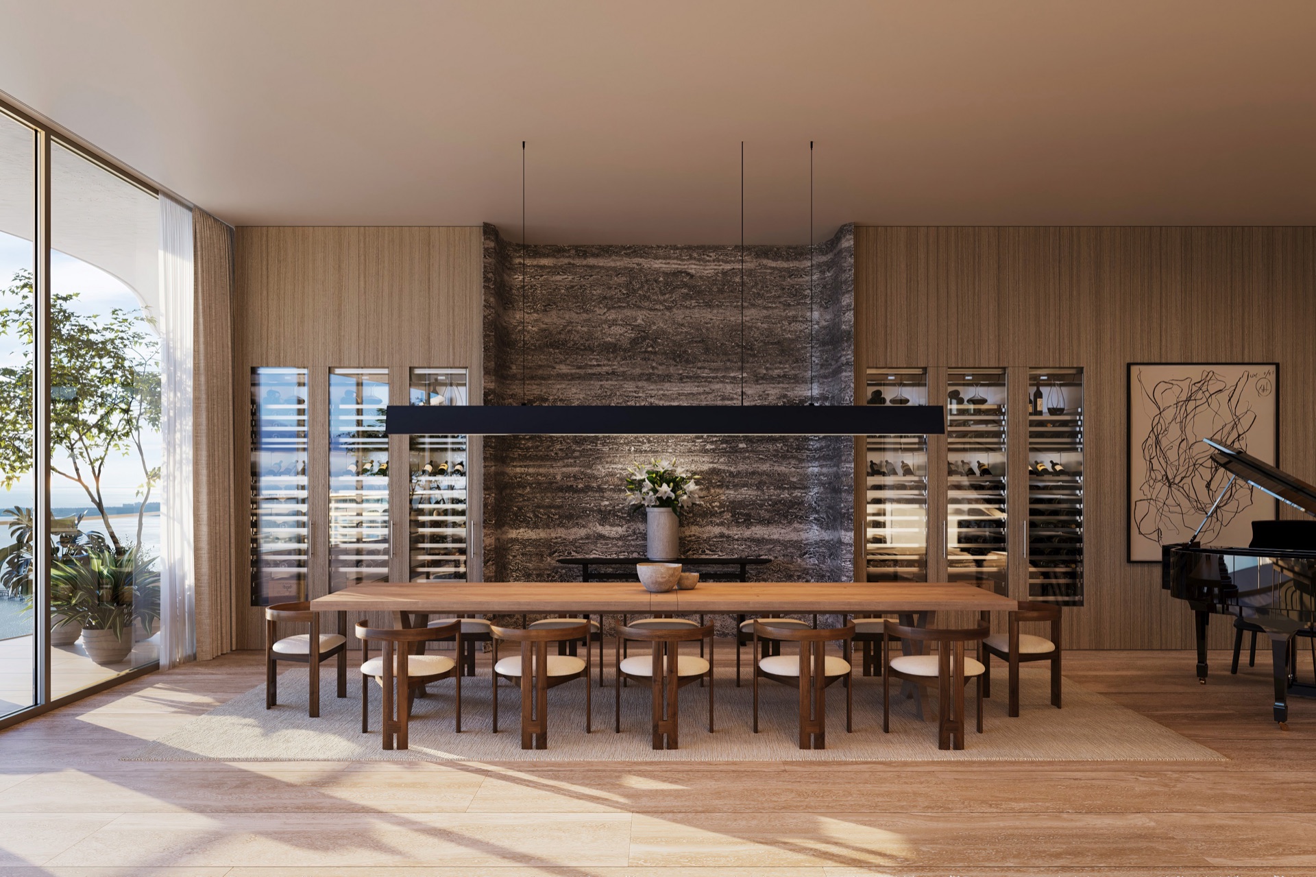 Penthouse dining room with custom wine storage.
