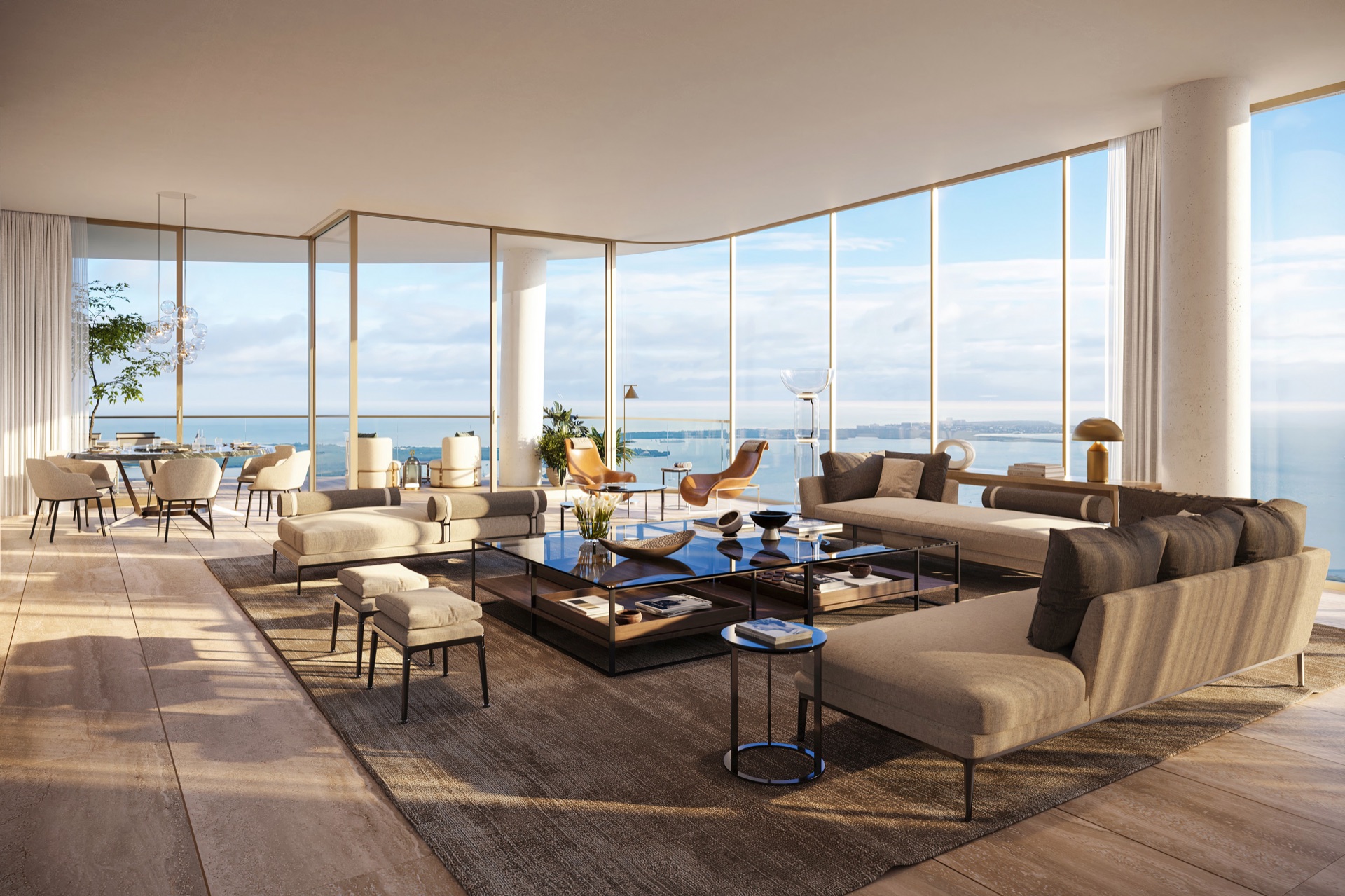 Bay Residence — light-filled living space with floor-to-ceiling glass and east-facing terrace.