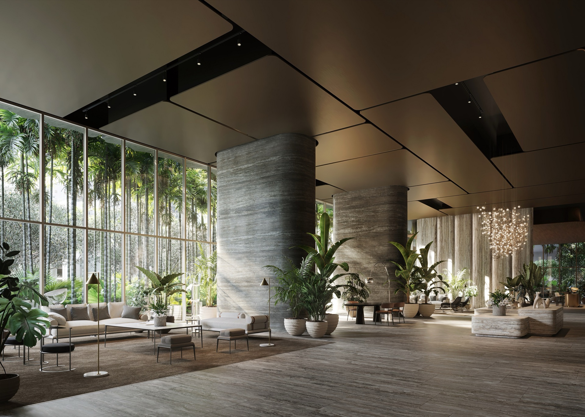 Double-height residential lobby with travertine columns and concierge team.