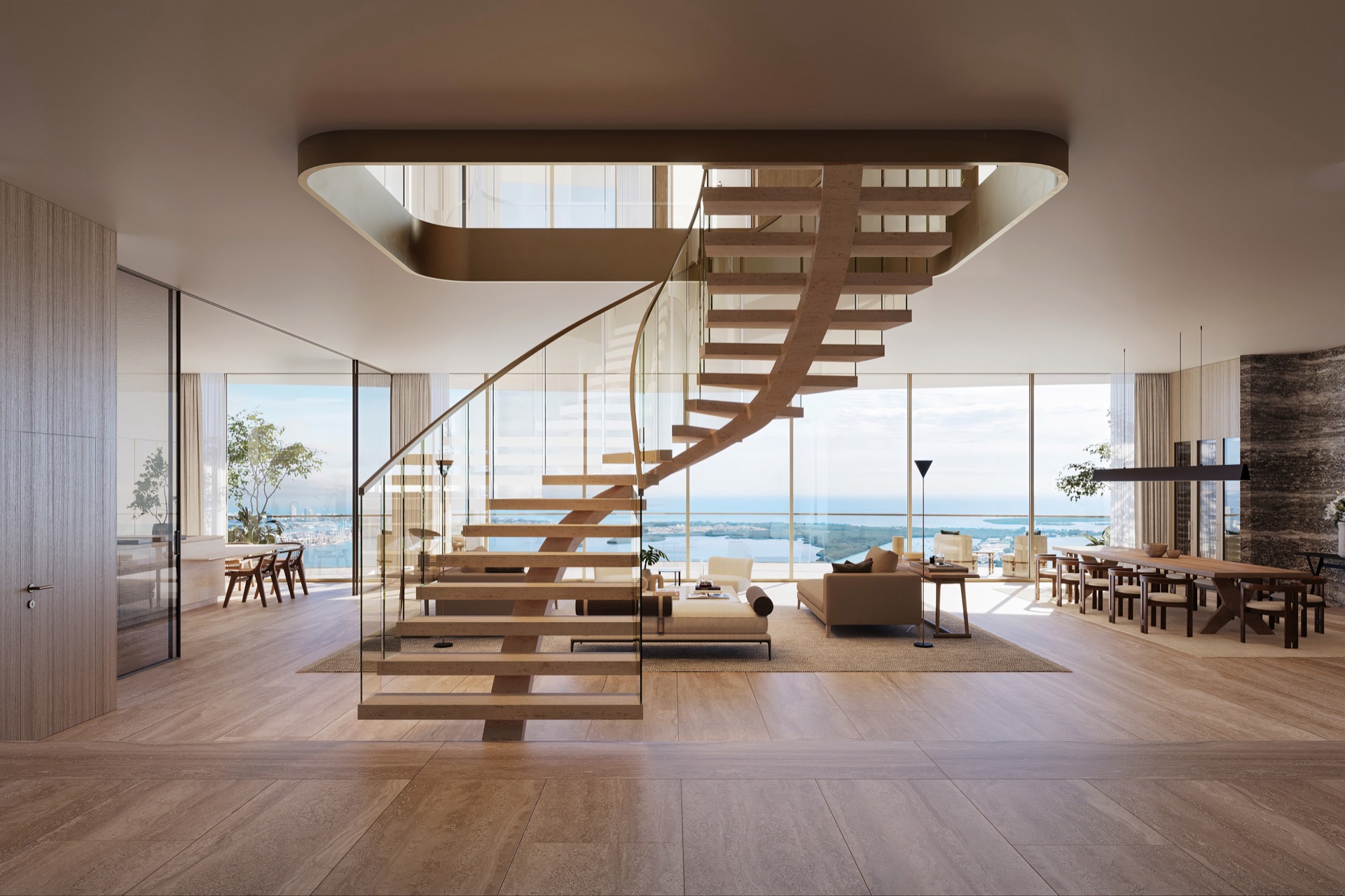 Duplex Residence Great Room — double-height ceiling and sweeping bay views.