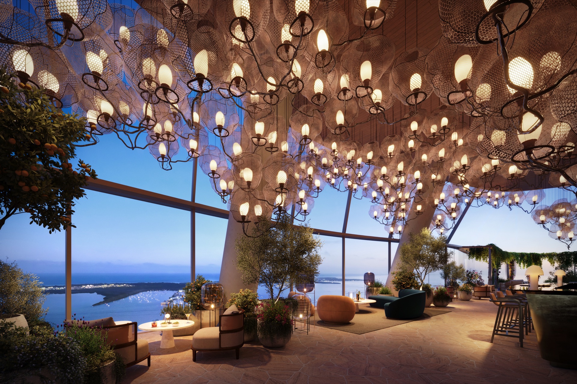 Top-of-tower atrium with pool — soaring views from 850 ft.