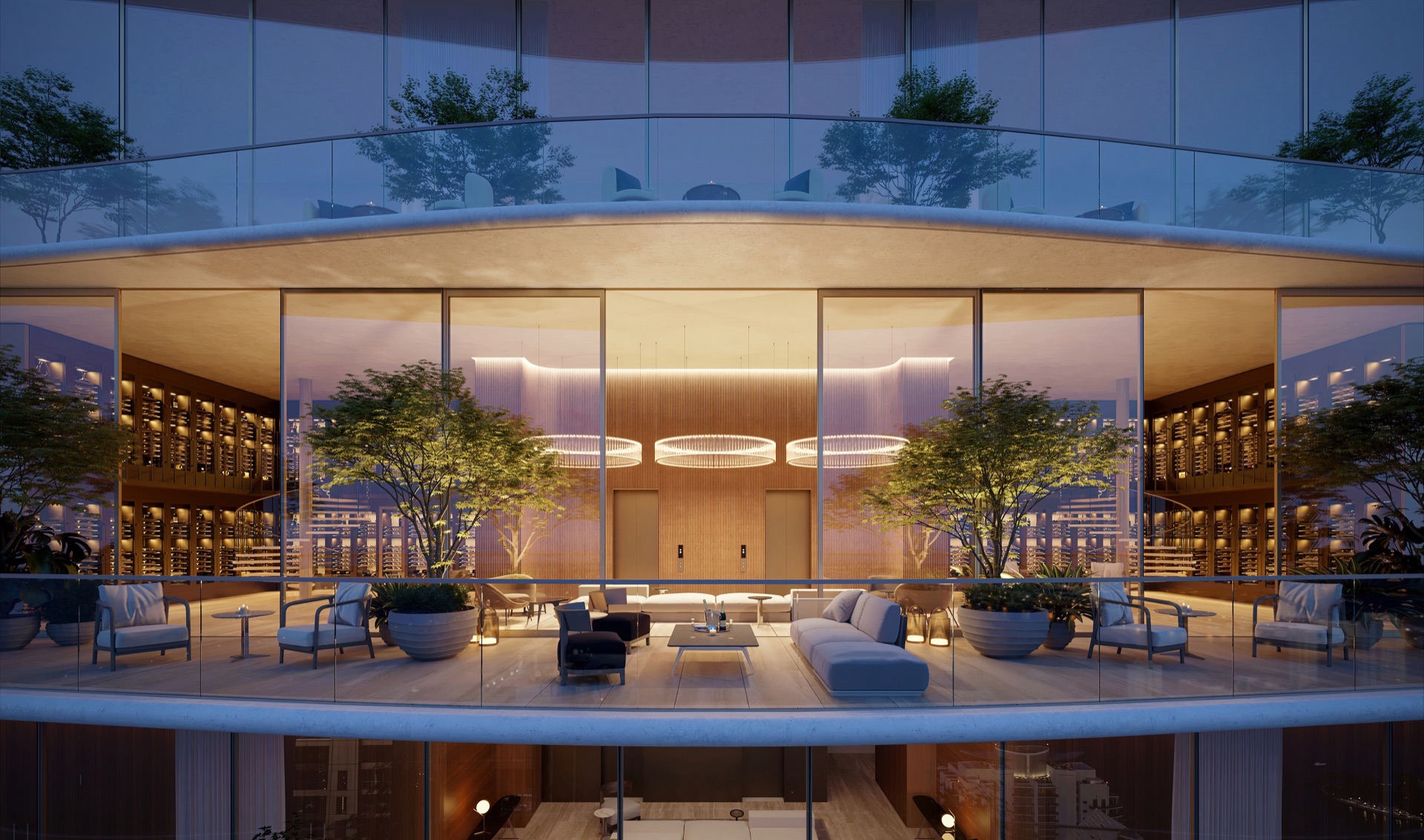Two-story wine and spirits lounge with private temperature-controlled storage — Owners Club.